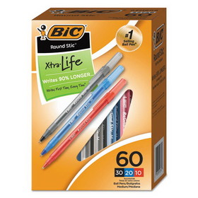 BIC GSM609AST Round Stic Xtra Precision Stick Ballpoint Pen, 1mm, Assorted Ink/Barrel, 60/Pack