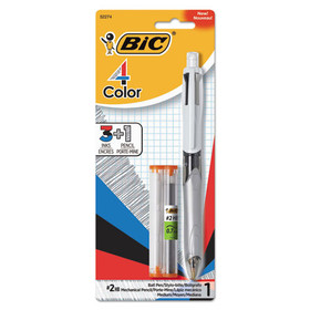BIC BICMMLP1AST 4-Color 3 + 1 Multi-Color Ballpoint Pen/Pencil, Retractable, 1 mm Pen/0.7 mm Pencil, Black/Blue/Red Ink, Gray/White Barrel