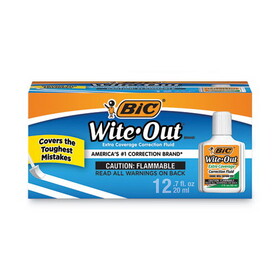 BIC BICWOFEC12WE Wite-Out Extra Coverage Correction Fluid, 20 mL Bottle, White, Dozen