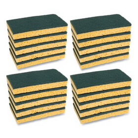 Boardwalk BWK174 Scrubbing Sponge, Medium Duty, 3.6 x 6.1, 0.75" Thick, Yellow/Green, Individually Wrapped, 20/Carton