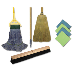 Boardwalk BWKCLEANKIT Cleaning Kit, Medium Blue Cotton/Rayon/Synthetic Head, 60" Natural/Yellow Wood/Metal Handle