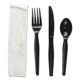 Boardwalk BWKFKTNHWPSBLA Four-Piece Cutlery Kit, Fork/Knife/Napkin/Teaspoon, Heavyweight, Black, 250/Carton