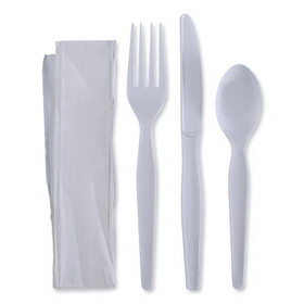 Boardwalk BWKFKTNHWPSWH Four-Piece Cutlery Kit, Fork/Knife/Napkin/Teaspoon, Heavyweight, White, 250/Carton