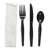 Boardwalk FKTNMWPSBLA Four-Piece Cutlery Kit, Fork/Knife/Napkin/Teaspoon, Black, 250/Carton