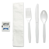 Boardwalk FKTNSMWPSWH Six-Piece Cutlery Kit, Condiment/Fork/Knife/Napkin/Teaspoon, White, 250/Carton