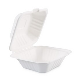Boardwalk BWKHINGEWF1CM6 Bagasse Food Containers, Hinged-Lid, 1-Compartment 6 x 6 x 3.19, White, 125/Sleeve, 4 Sleeves/Carton