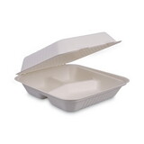 Boardwalk BWKHINGEWF3CM9 Bagasse Molded Fiber Food Containers, Hinged-Lid, 3-Compartment 9 x 9, White, 100/Sleeve, 2 Sleeves/Carton