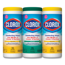 Clorox CLO30112 Disinfecting Wipes, 1-Ply, 7 x 8, Fresh Scent/Citrus Blend, White, 35/Canister, 3 Canisters/Pack