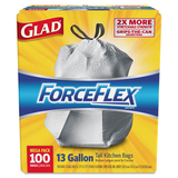 Glad CLO70427 Forceflex Tall Kitchen Drawstring Bags, 13 Gal, .90mil, 24x25 1/8 White 100/bx