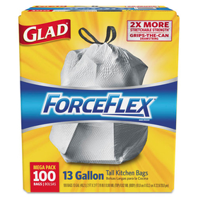 Glad CLO70427 Forceflex Tall Kitchen Drawstring Bags, 13 Gal, .90mil, 24x25 1/8 White 100/bx