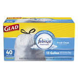 Glad CLO78361 Odorshield Kitchen Drawstring Bags, Fresh Clean, 13 Gal, White, 40/bx, 6 Bx/ct