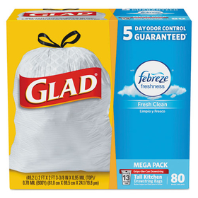 Glad 78899BX OdorShield Tall Kitchen Drawstring Bags, Fresh Clean, 13 gal, White, 80/Box
