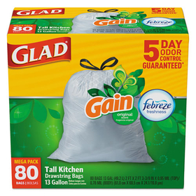 Glad 78900BX OdorShield Tall Kitchen Drawstring Bags, Gain Original, 13 gal, White, 80/Box
