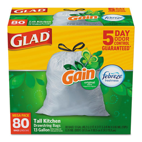 Glad 78900 OdorShield Kitchen Drawstring Bags, Gain Original, 13gal, White, 80/BX, 3 BX/CT
