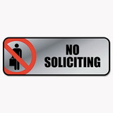 Cosco COS098208 Brushed Metal Office Sign, No Soliciting, 9 X 3, Silver/red