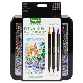 Crayola CYO586501 Brush and Detail Dual Ended Markers, Extra-Fine Brush/Bullet Tips, Assorted Colors, 16/Set