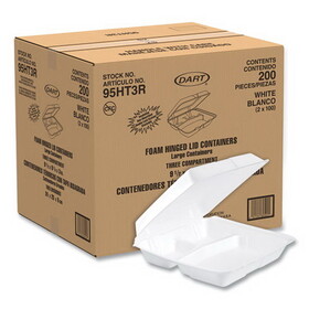 Dart DCC95HT3R Foam Hinged Lid Containers, 3-Compartment, 9.25 x 9.5 x 3, White, 200/Carton