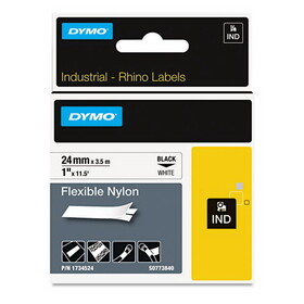 Dymo DYM1734524 Rhino Flexible Nylon Industrial Label Tape, 1" X 11 1/2 Ft, White/black Print