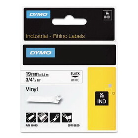 Dymo 18445 Rhino Permanent Vinyl Industrial Label Tape, 3/4" x 18 ft, White/Black Print