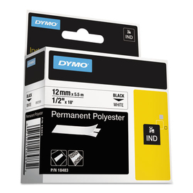 DYMO DYM18483 Rhino Permanent Poly Industrial Label Tape, 1/2" X 18 Ft, White/black Print