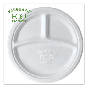 Eco-Products ECOEPP007NFA Vanguard Renewable and Compostable Sugarcane Plates, 3-Compartment, 10" dia, White, 500/Carton