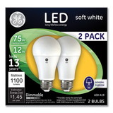 GE GEL93127324 75W LED Bulbs, A19, 12 W, Soft White, 2/Pack