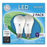 GE GEL93127670 75W LED Bulbs, A19, 12 W, Daylight, 2/Pack