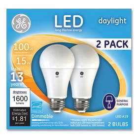 GE GEL93127672 100W LED Bulbs, A19, 15 W, Daylight, 2/Pack