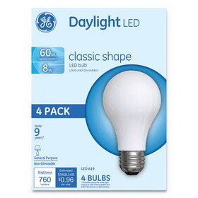 GE GEL99192 Classic LED Non-Dim A19 Light Bulb, 8 W, Daylight, 4/Pack