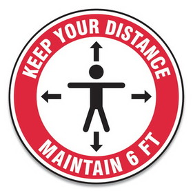 Accuform GN1MFS345ESP Slip-Gard Social Distance Floor Signs, 12" Circle, "Keep Your Distance Maintain 6 ft", Human/Arrows, Red/White, 25/Pack