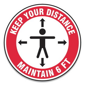 Accuform GN1MFS347ESP Slip-Gard Social Distance Floor Signs, 17" Circle, "Keep Your Distance Maintain 6 ft", Human/Arrows, Red/White, 25/Pack