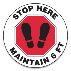 Accuform GN1MFS390ESP Slip-Gard Social Distance Floor Signs, 17" Circle, "Stop Here Maintain 6 ft", Footprint, Red/White, 25/Pack