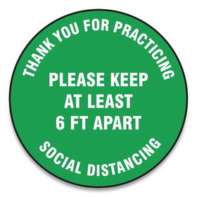 Accuform GN1MFS424ESP Slip-Gard Floor Signs, 12" Circle, "Thank You For Practicing Social Distancing Please Keep At Least 6 ft Apart", Green, 25/PK