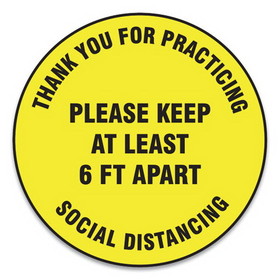 Accuform GN1MFS426ESP Slip-Gard Floor Signs, 12" Circle,"Thank You For Practicing Social Distancing Please Keep At Least 6 ft Apart", Yellow, 25/PK