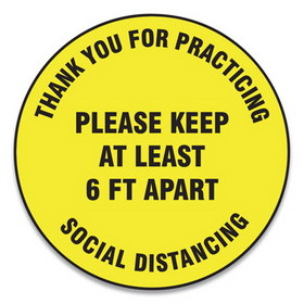 Accuform GN1MFS427ESP Slip-Gard Floor Signs, 17" Circle,"Thank You For Practicing Social Distancing Please Keep At Least 6 ft Apart", Yellow, 25/PK