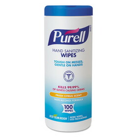 Purell GOJ911112EA Premoistened Hand Sanitizing Wipes, Cloth, 5.75 x 7, Fresh Citrus, White, 100/Canister