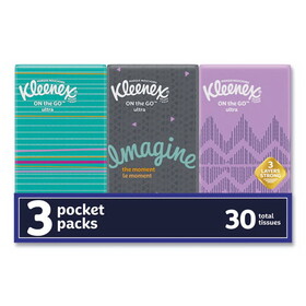 Kleenex KCC11976 On The Go Packs Facial Tissues, 3-Ply, White, 10 Sheets/Pouch, 3 Pouches/Pack, 36 Packs/Carton