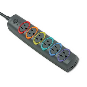 Kensington KMW62144 SmartSockets Color-Coded Strip Surge Protector, 6 AC Outlets, 8 ft Cord, 1,260 J, Black