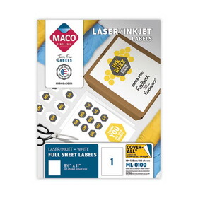 Maco MACML0100 Cover-All Opaque Laser/Inkjet Shipping Labels, Full-Sheet Format, Inkjet/Laser Printers, 8.5 x 11, White, 100/Box