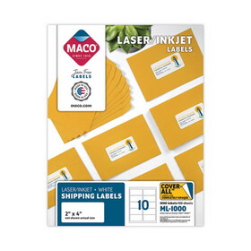 Maco MACML1000 Cover-All Opaque Laser/Inkjet Shipping Labels, Inkjet/Laser Printers, 2 x 4, White, 10 Labels/Sheet, 100 Sheets/Box