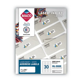Maco MACML3000 White Laser/Inkjet Shipping Address Labels, Inkjet/Laser Printers, 1 x 2.63, White, 30 Labels/Sheet, 100 Sheets/Box