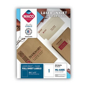 Maco MACML4005 Matte Clear Printable Shipping Address Labels, Inkjet/Laser Printers, 8.5 x 11, Matte Clear, 50/Box