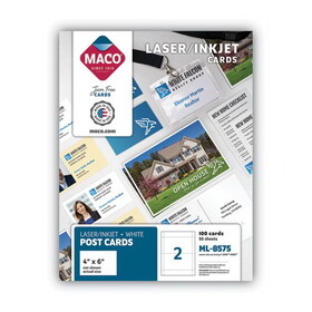 Maco MACML8575 Unruled Microperforated Laser/Inkjet Post Cards, 4 x 6, White, 100 Cards, 2 Cards/Sheet, 50 Sheets/Box