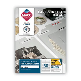 Maco MACMLFF31 Cover-All Opaque File Folder Labels, Inkjet/Laser Printers, 0.66 x 3.44, White, 30 Labels/Sheet, 50 Sheets/Box