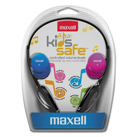 Maxell MAX190338 Kids Safe Headphones, 4 ft Cord, Black with Interchangeable Pink/Blue/Silver Caps