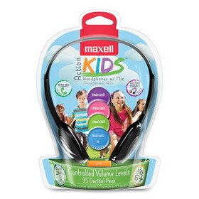 Maxell MAX195004 Kids Safe Headphones with Inline Microphone, 4 ft Cord, Black with Interchangeable Pink/Blue/Silver Caps