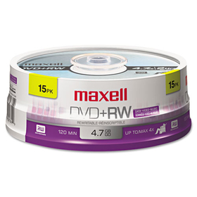 MAXELL CORP. OF AMERICA MAX634046 Dvd+rw Discs, 4.7gb, 4x, Spindle, Silver, 15/pack