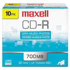 Maxell MAX648210 CD-R Recordable Disc, 700 MB/80 min, 48x, Slim Jewel Case, Silver, 10/Pack