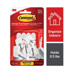 Command 17067-9ES General Purpose Wire Hooks Multi-Pack, Small, 0.5 lb Cap, White, 9 Hooks and 12 Strips/Pack
