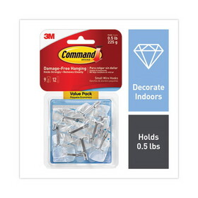 Command MMM17067CLR9ES Clear Hooks and Strips, Small, Plastic/Metal, 0.5 lb, 9 Hooks and 12 Strips/Pack